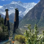Annapurna Circuit hike in Nepal with trekking poles, Teresa Prendes-Walls wellness retreat leader