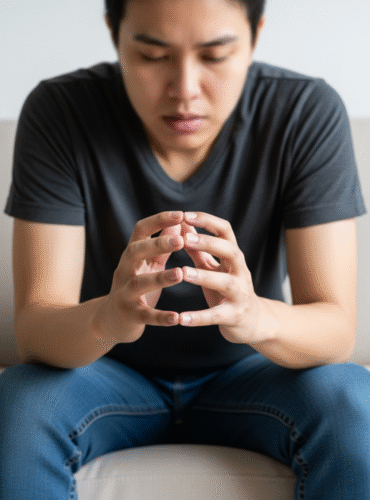 Depressed Guy Man sitting with hands clasped, reflecting — mental health psychotherapy and counseling support in Puerto Rico