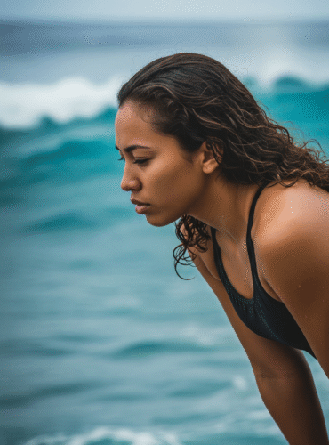 triatholon swimmer Swimmer getting ready for ocean in Puerto Rico using mental performance skills and resilience
